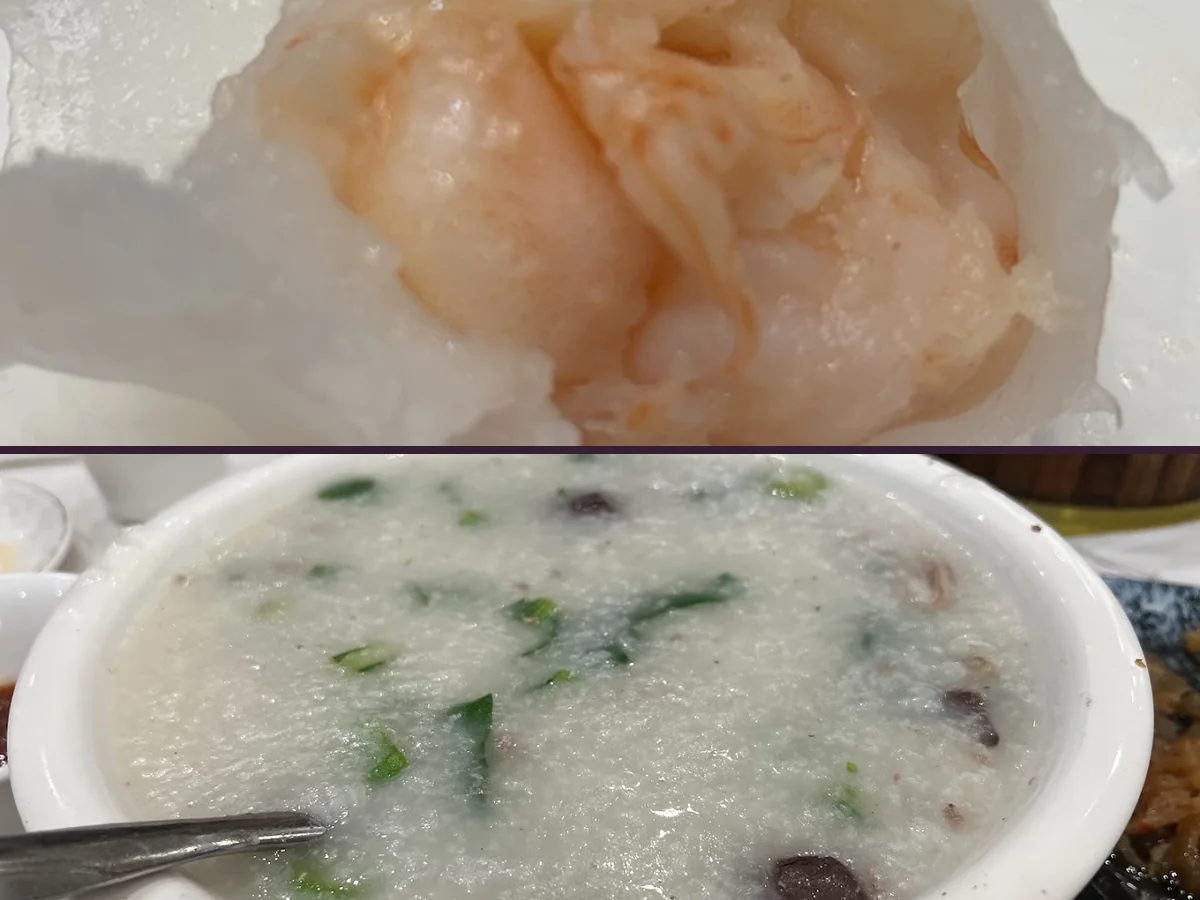 Steamed seafood dishes beside tea cups.