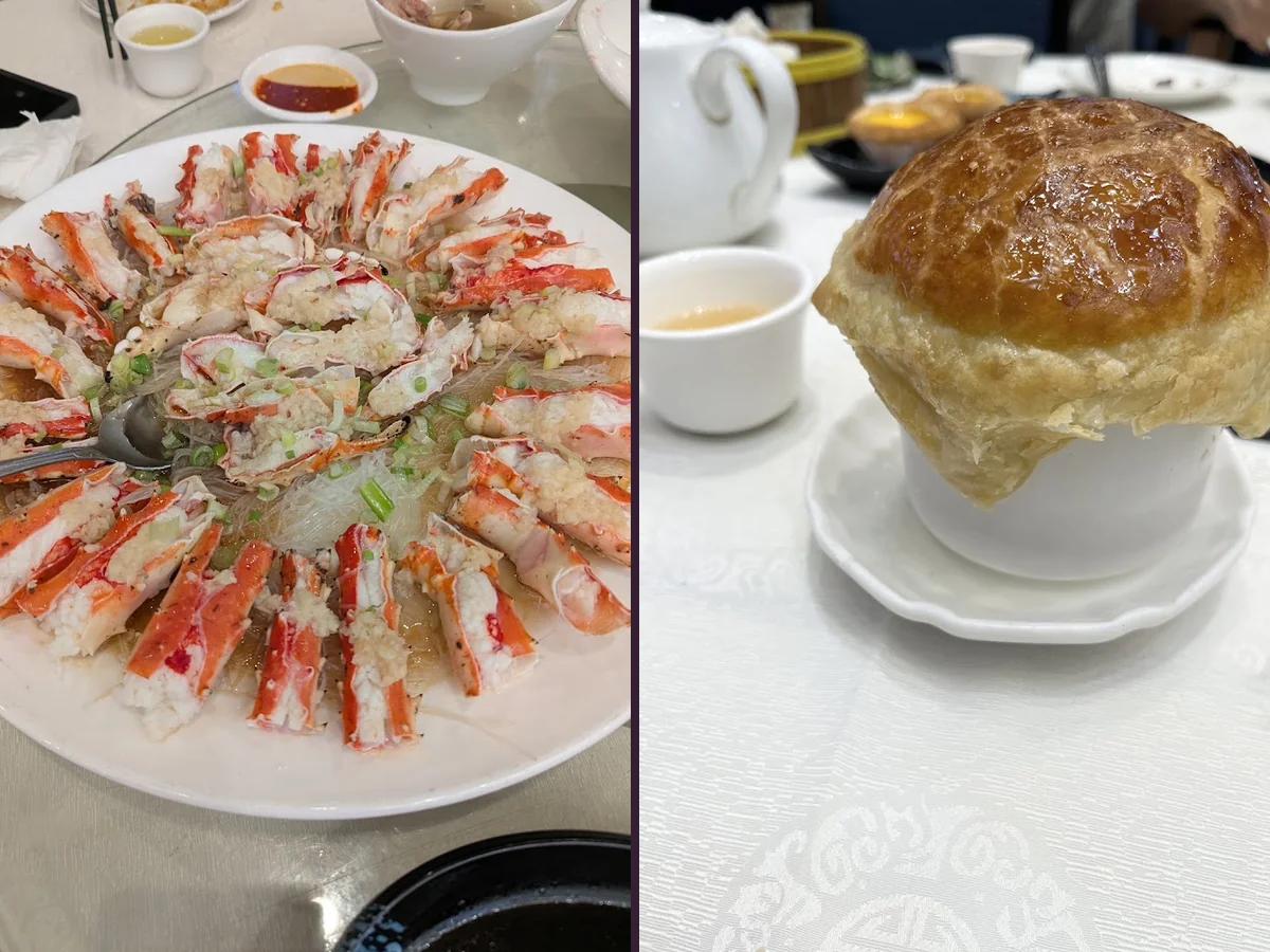 Dim sum plates on a busy restaurant table.